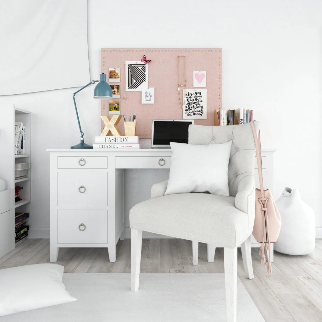 cute white bedroom desk with pink fabric pin board - Why I became an interior designer