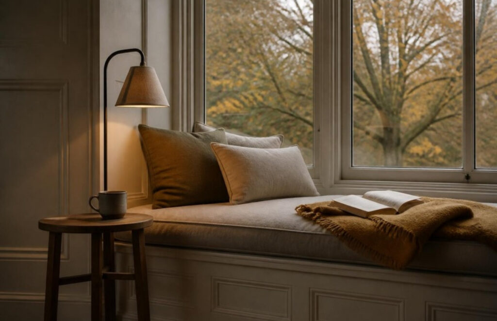 A window seat reading nook with a linen cushion, ochre wool throw, open book, stoneware mug and a small lamp, with autumn trees outside