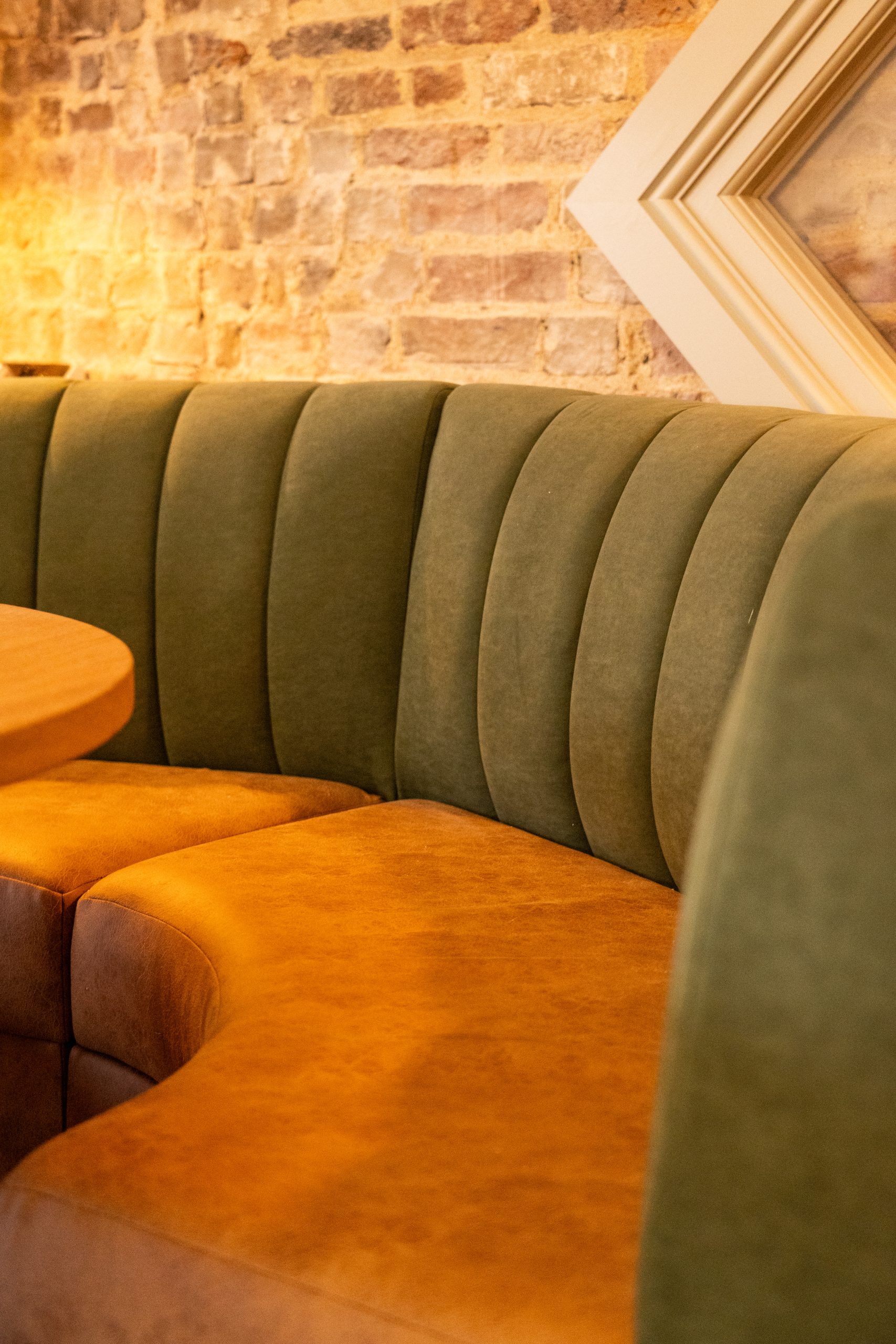 LOT 25, WILLINGHAM | COMMERCIAL CLIENT Restaurant Interior Design By Styled Home Design Exposed brick and green velvet seating booths
