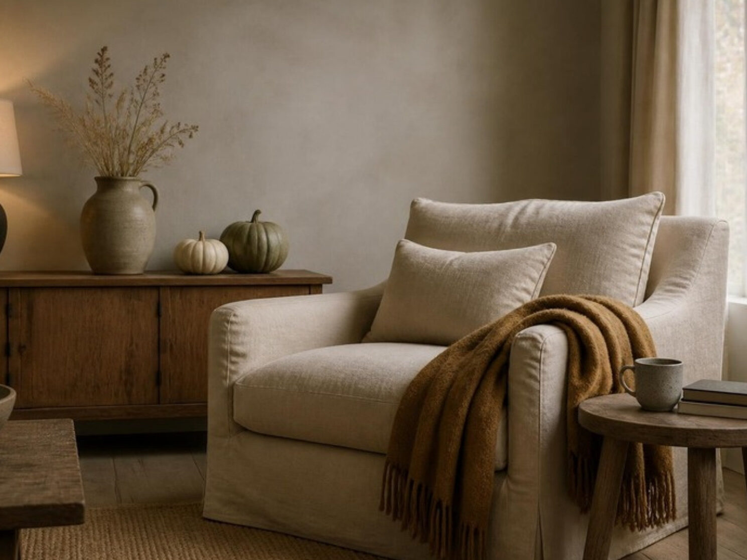 Cosy autumn living room corner with linen armchair Cosy autumn area